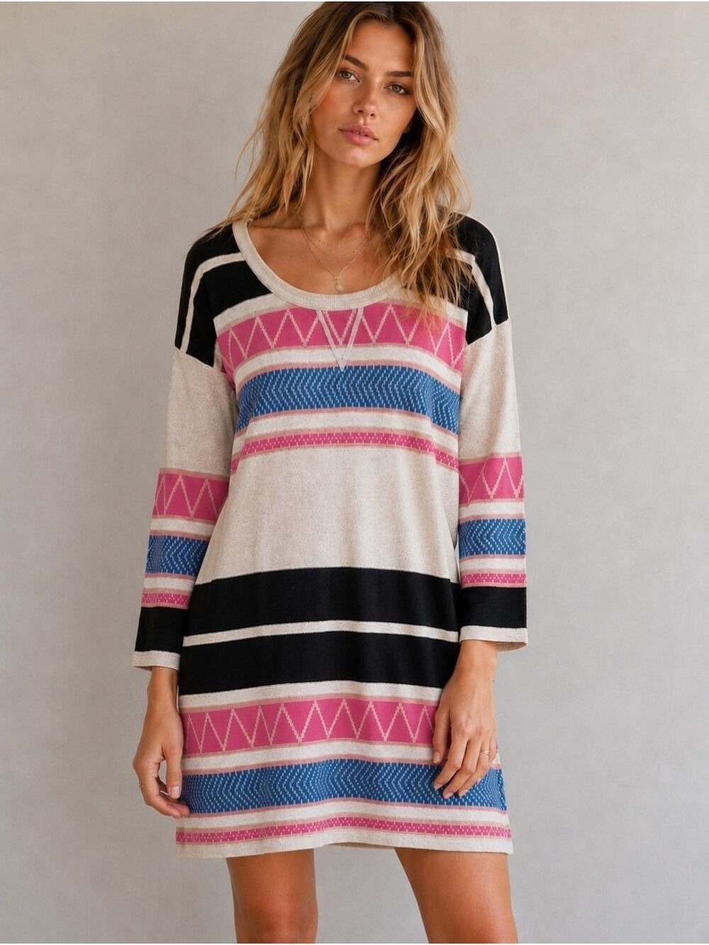 FREE PEOPLE STRIPED SCOOP NECK TRIBAL STRIPE KNIT TUNIC SWEATER DRESS XS/S